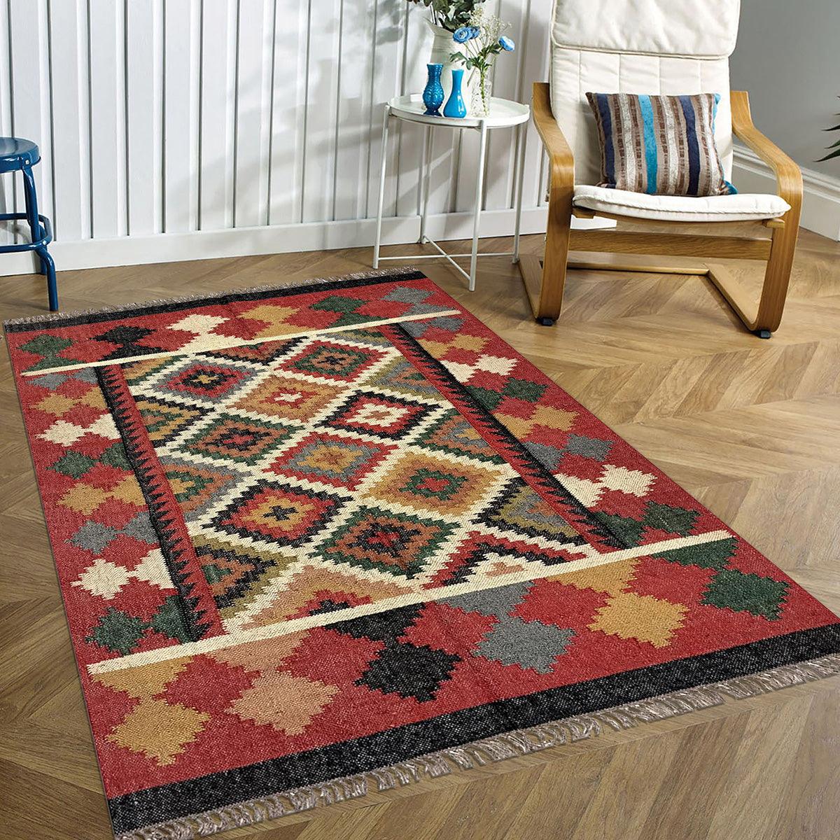 Multicolor Indian Hand Woven Geometric Farmhouse Wool Jute Rug