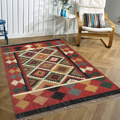 Multicolor Indian Hand Woven Geometric Farmhouse Wool Jute Rug