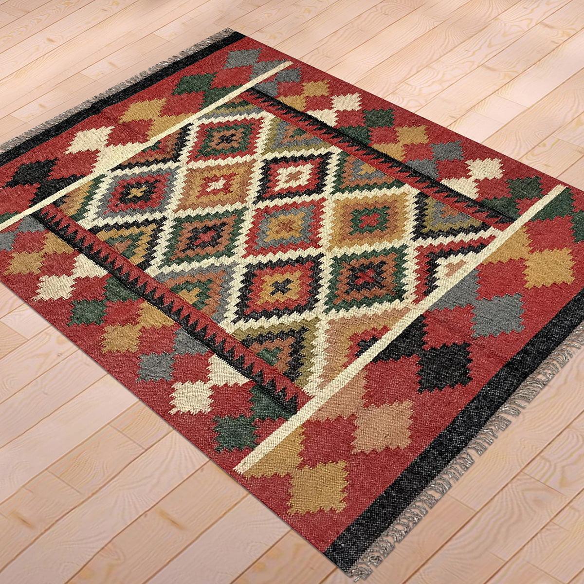 Multicolor Indian Hand Woven Geometric Farmhouse Wool Jute Rug