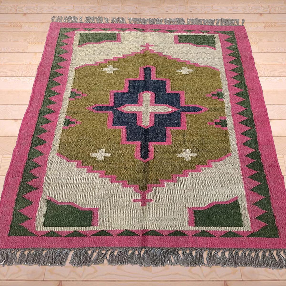 Multicolor Indian Hand Woven Geometric Bedroom Decor Wool Jute Rug