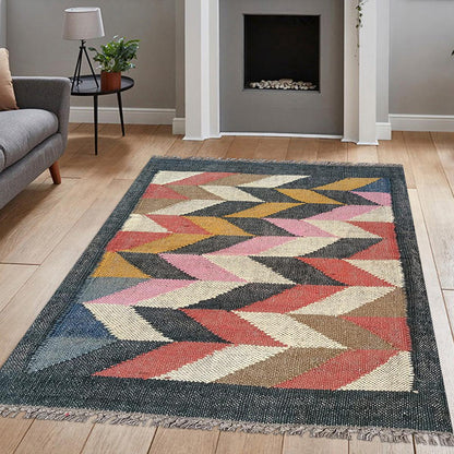 Indian Hand Woven Multicolor Geometric Home Decor Wool Jute Rug