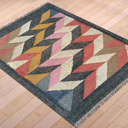 Indian Hand Woven Multicolor Geometric Home Decor Wool Jute Rug