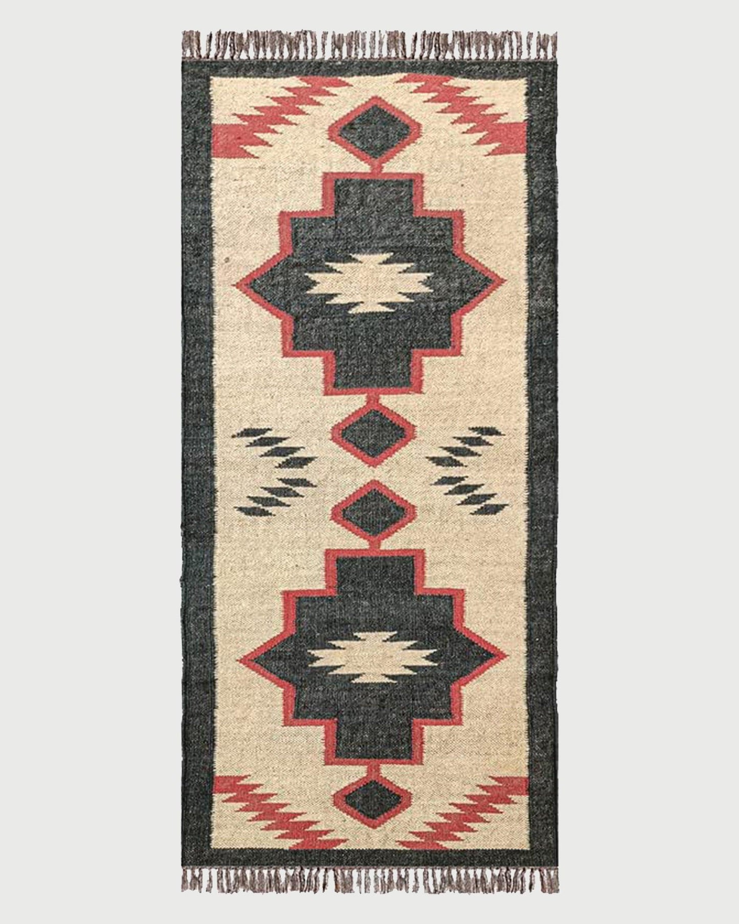 Indian Hand Woven Brown Black Geometric Hallway Decor Wool Jute Rug