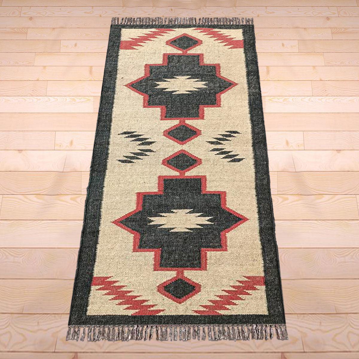 Indian Hand Woven Brown Black Geometric Hallway Decor Wool Jute Rug