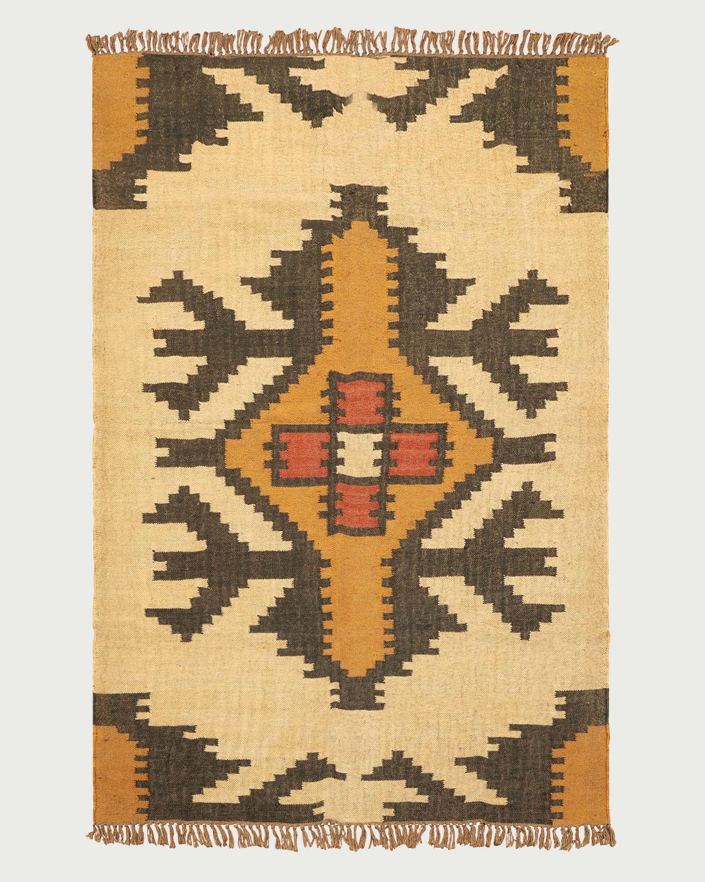 Indian Hand Woven Yellow Black Geometric Hallway Decor Wool Jute Rug