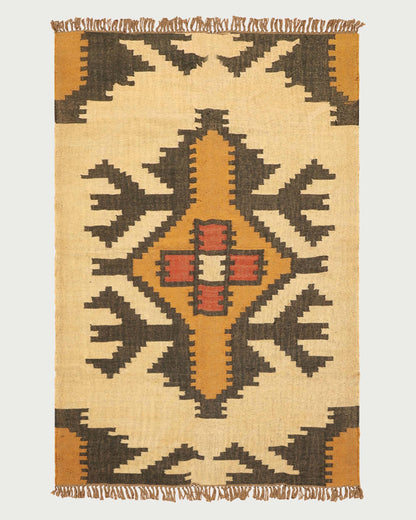 Indian Hand Woven Yellow Black Geometric Hallway Decor Wool Jute Rug