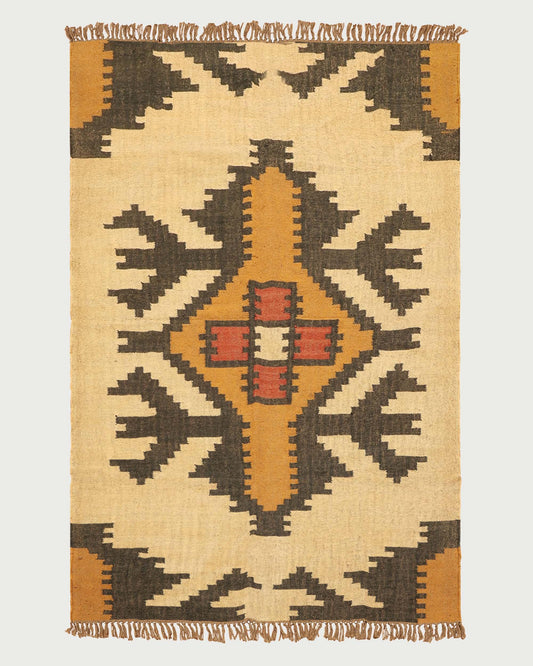 Indian Hand Woven Yellow Black Geometric Hallway Decor Wool Jute Rug