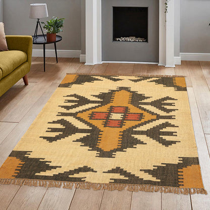 Indian Hand Woven Yellow Black Geometric Hallway Decor Wool Jute Rug