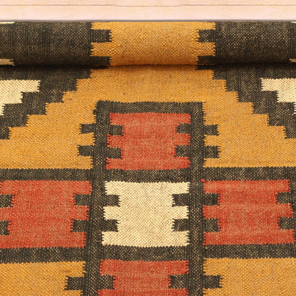 Indian Hand Woven Yellow Black Geometric Hallway Decor Wool Jute Rug