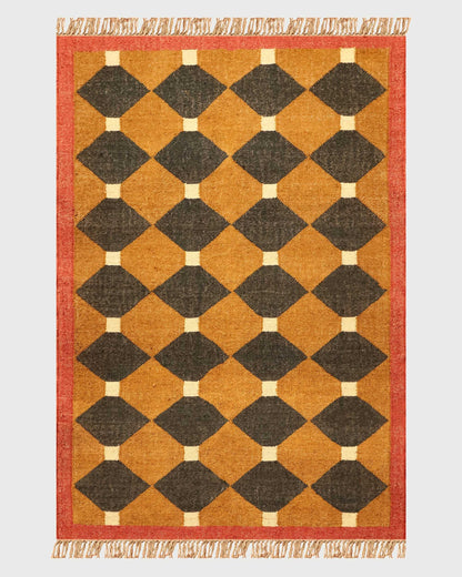 Indian Hand Woven Black Yellow Geometric Hallway Decor Wool Jute Rug