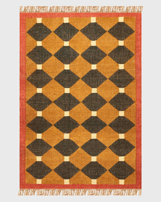 Indian Hand Woven Black Yellow Geometric Hallway Decor Wool Jute Rug