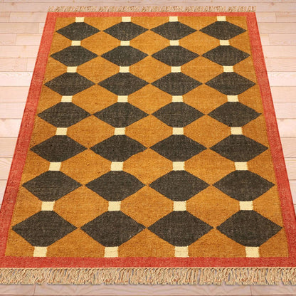 Indian Hand Woven Black Yellow Geometric Hallway Decor Wool Jute Rug