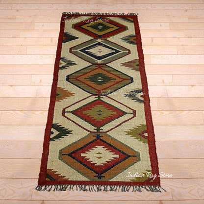 Multicolor Indian Hand Woven Geometric Dining Room Wool Jute Rug