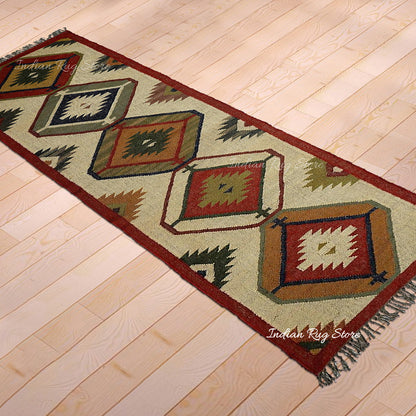 Multicolor Indian Hand Woven Geometric Dining Room Wool Jute Rug