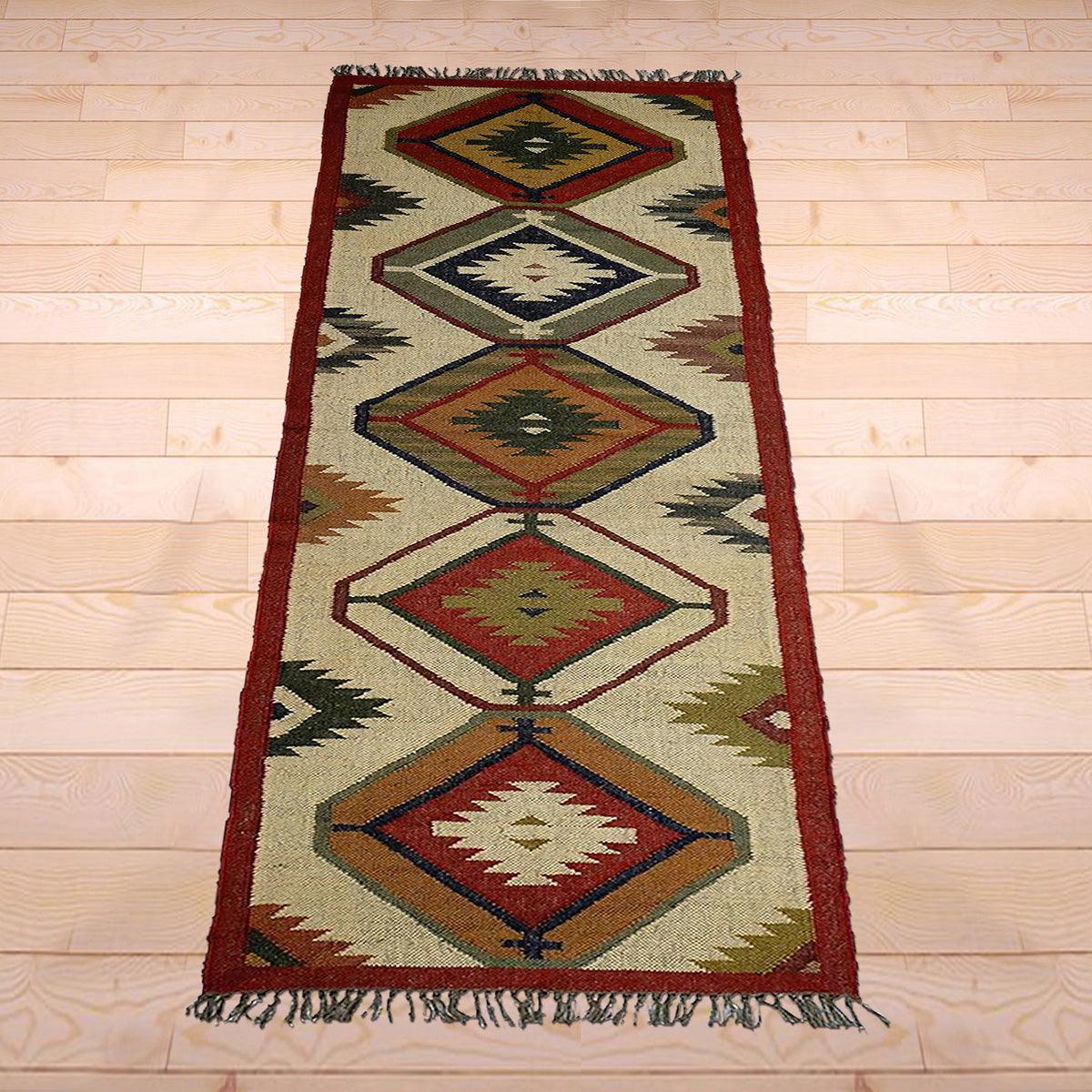 Multicolor Indian Hand Woven Geometric Dining Room Wool Jute Rug