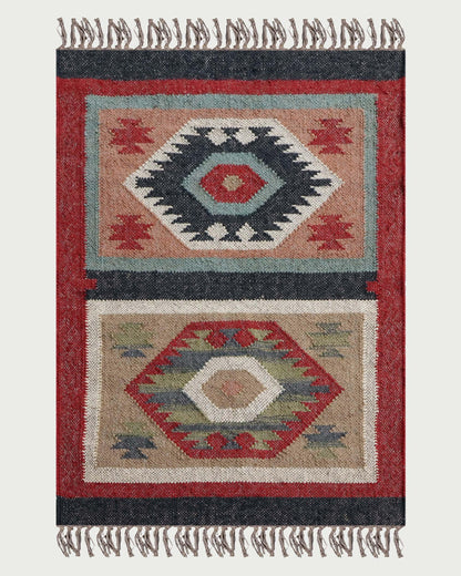 Red White Indian Hand Woven Geometric Dining Room Wool Jute Rug