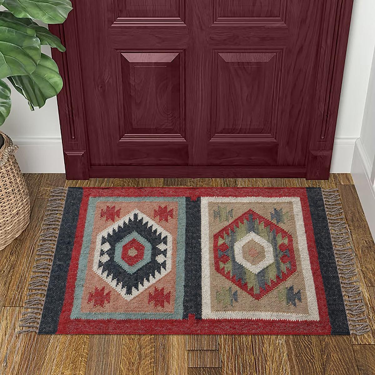 Red White Indian Hand Woven Geometric Dining Room Wool Jute Rug