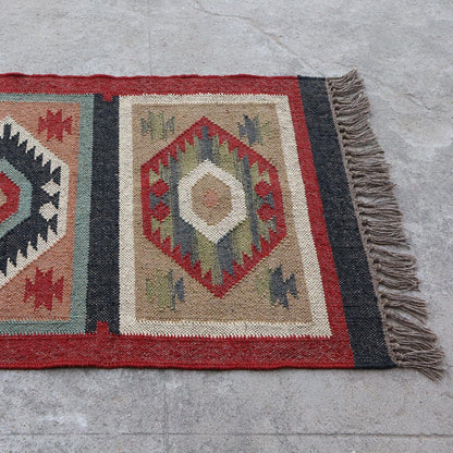 Red White Indian Hand Woven Geometric Dining Room Wool Jute Rug