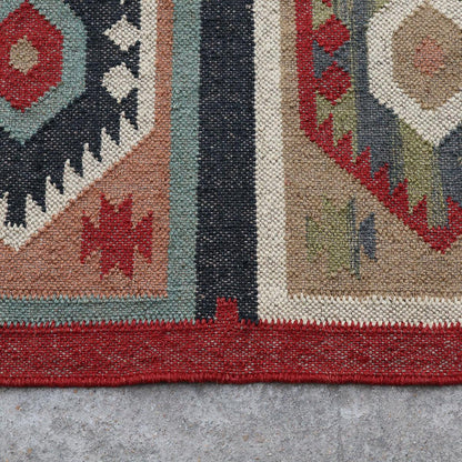 Red White Indian Hand Woven Geometric Dining Room Wool Jute Rug