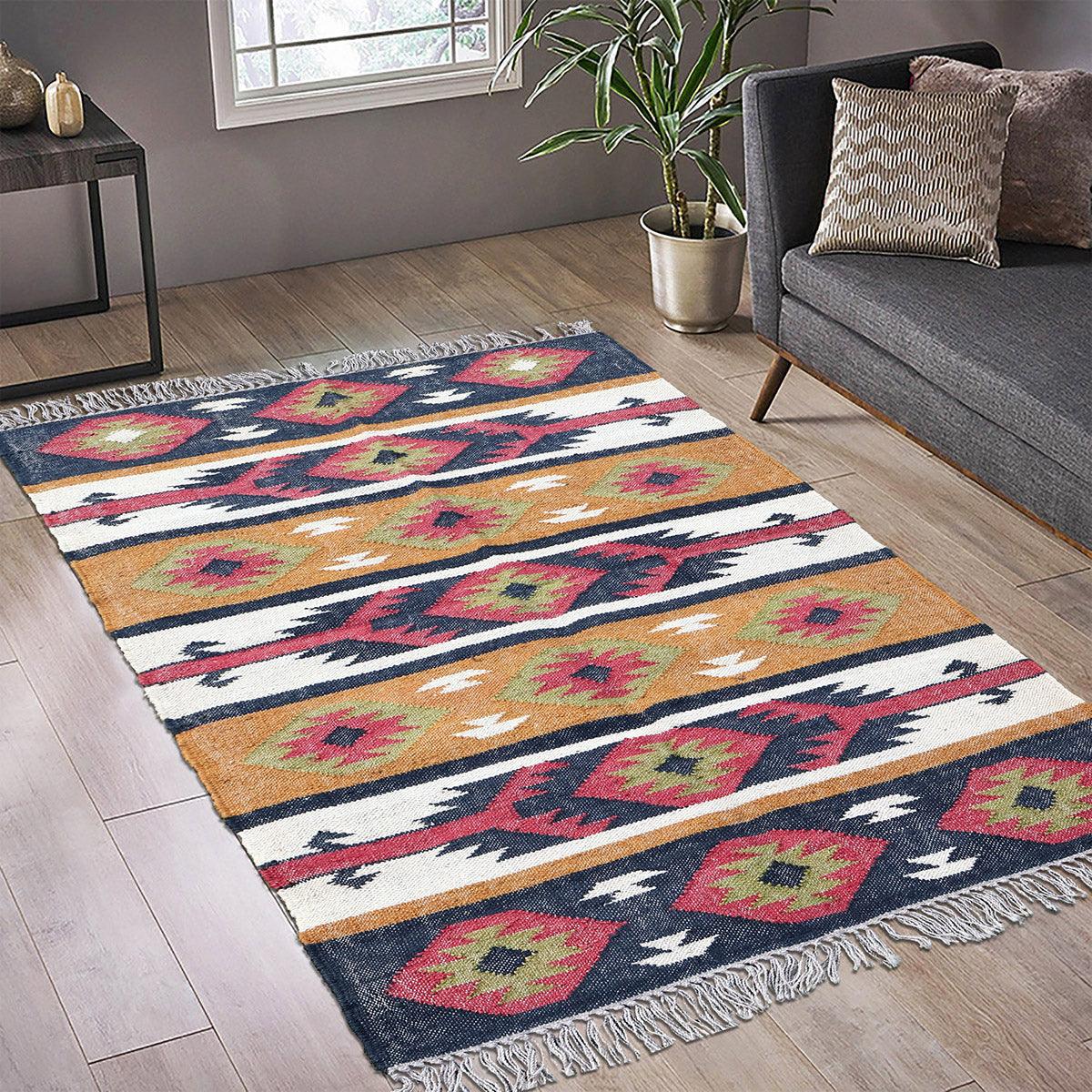 Multicolor Indian Hand Woven Geometric Dining Hall Wool Jute Rug