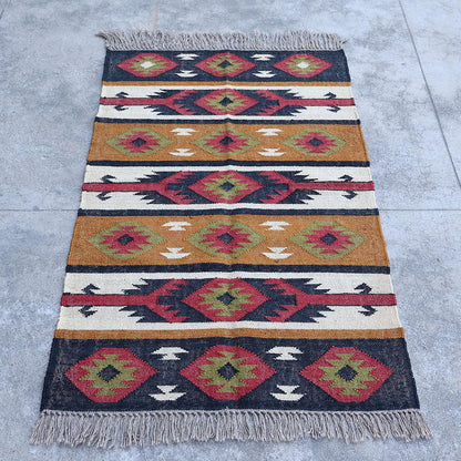 Multicolor Indian Hand Woven Geometric Dining Hall Wool Jute Rug