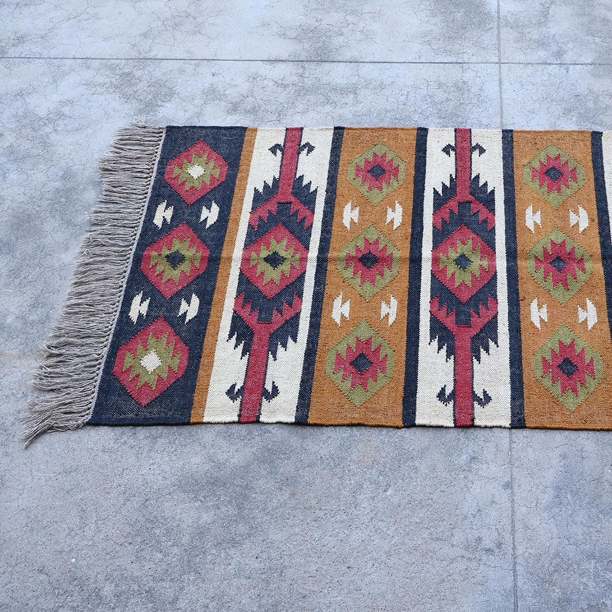 Multicolor Indian Hand Woven Geometric Dining Hall Wool Jute Rug