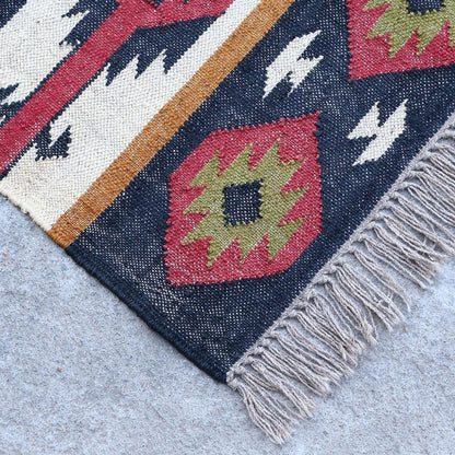 Multicolor Indian Hand Woven Geometric Dining Hall Wool Jute Rug