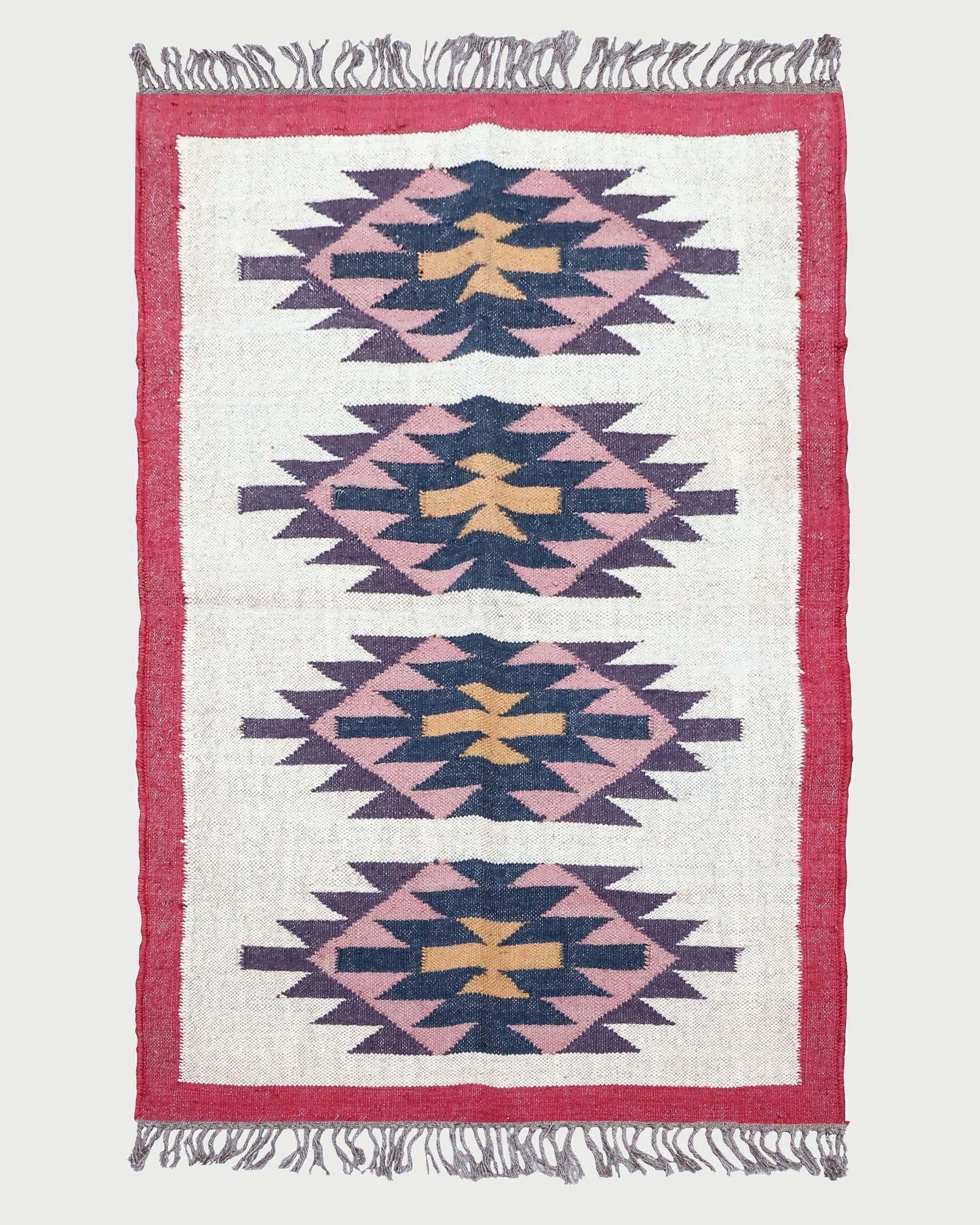 White Red Indian Hand Woven Geometric Dining Hall Wool Jute Rug