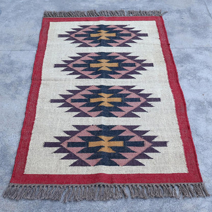 White Red Indian Hand Woven Geometric Dining Hall Wool Jute Rug