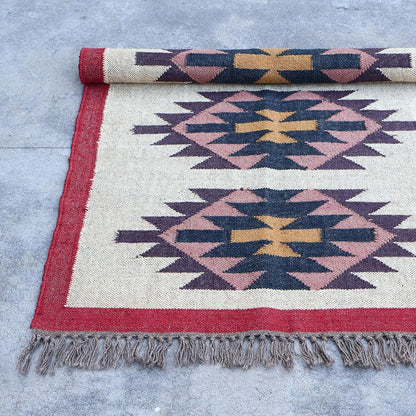 White Red Indian Hand Woven Geometric Dining Hall Wool Jute Rug