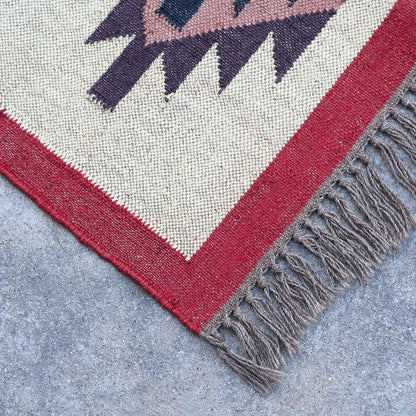 White Red Indian Hand Woven Geometric Dining Hall Wool Jute Rug