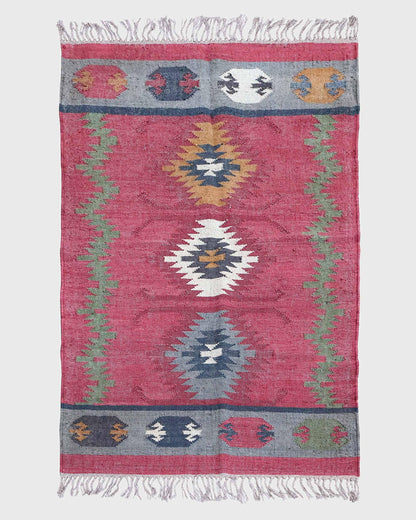 Gray Red Indian Hand Woven Geometric Dining Hall Wool Jute Rug