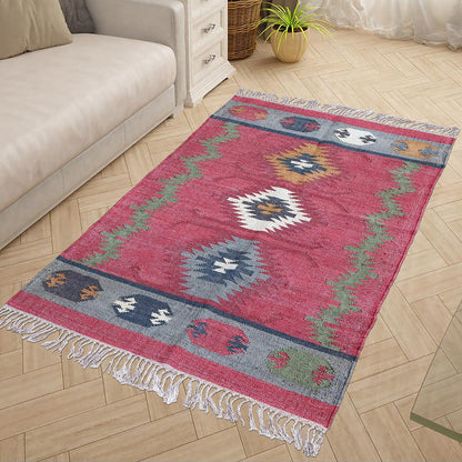 Gray Red Indian Hand Woven Geometric Dining Hall Wool Jute Rug