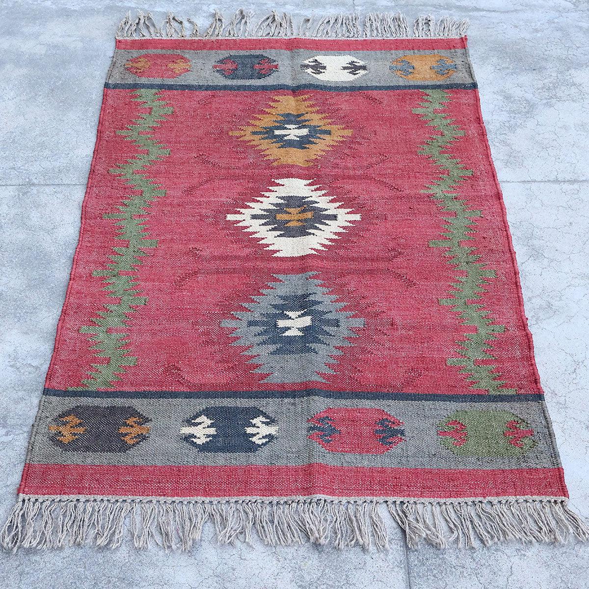 Gray Red Indian Hand Woven Geometric Dining Hall Wool Jute Rug