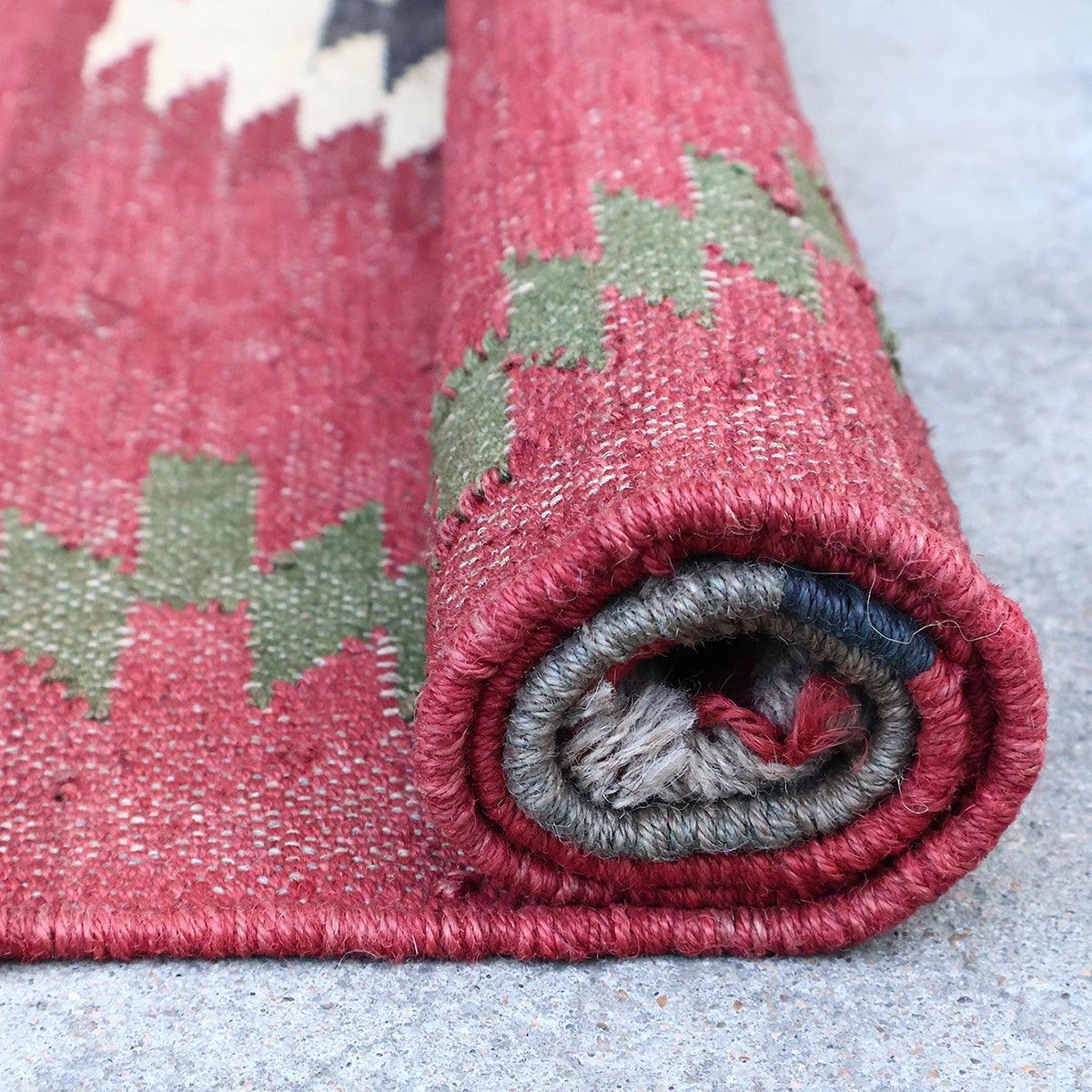 Gray Red Indian Hand Woven Geometric Dining Hall Wool Jute Rug