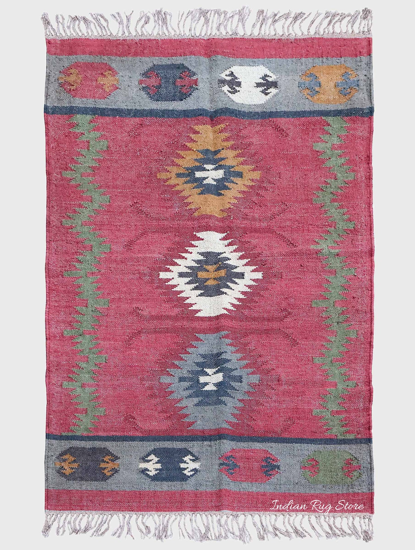 Gray Red Indian Hand Woven Geometric Dining Hall Wool Jute Rug