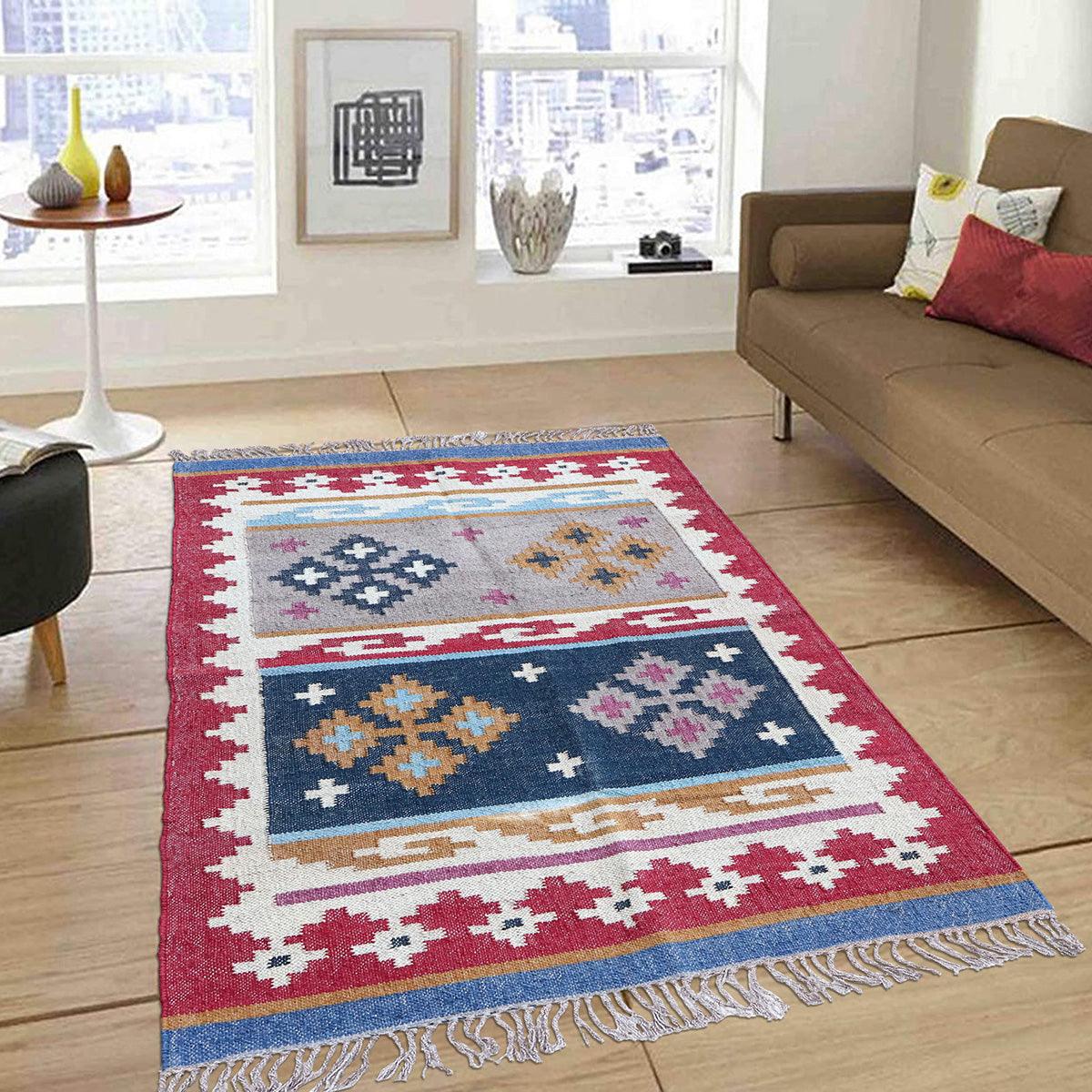 Red White Indian Hand Woven Geometric Dining Hall Wool Jute Rug