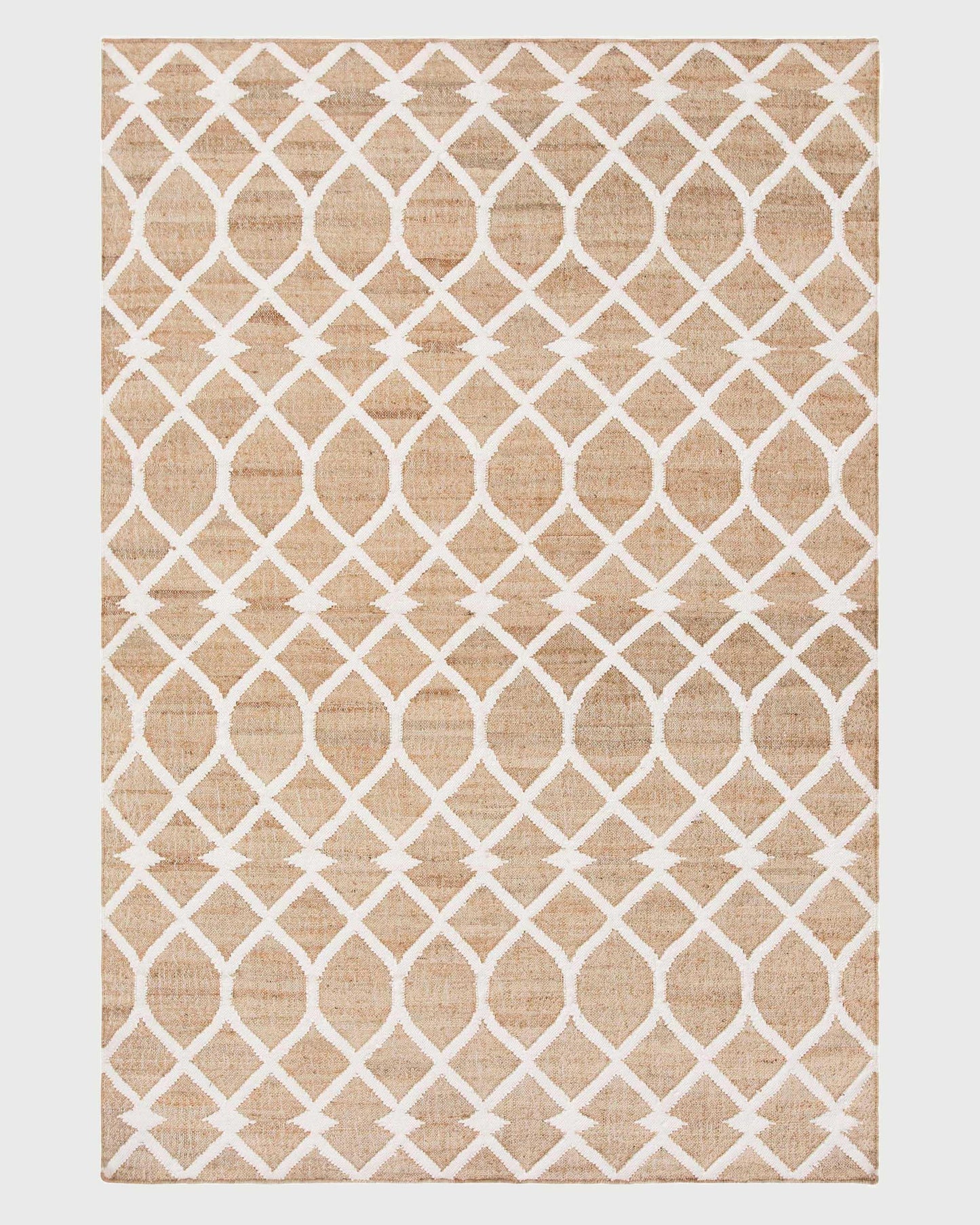 Beige White Indian Hand Woven Geometric Dining Hall Wool Jute Rug