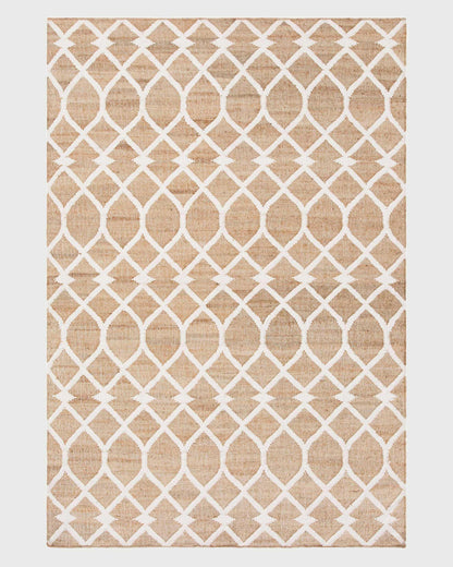 Beige White Indian Hand Woven Geometric Dining Hall Wool Jute Rug