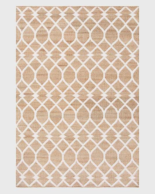 Beige White Indian Hand Woven Geometric Dining Hall Wool Jute Rug