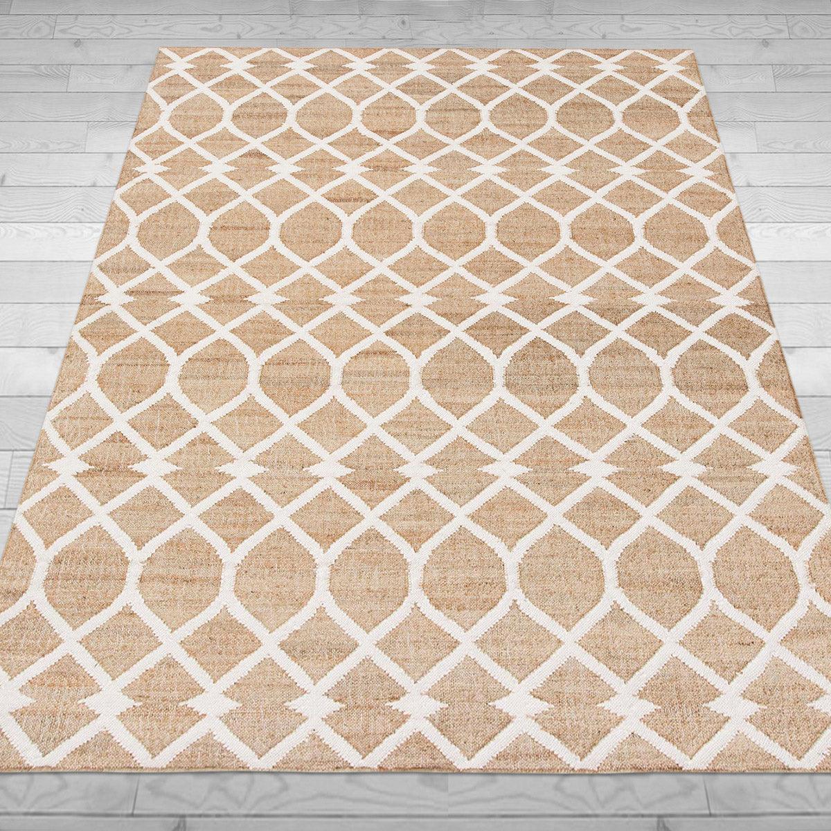 Beige White Indian Hand Woven Geometric Dining Hall Wool Jute Rug