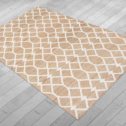 Beige White Indian Hand Woven Geometric Dining Hall Wool Jute Rug