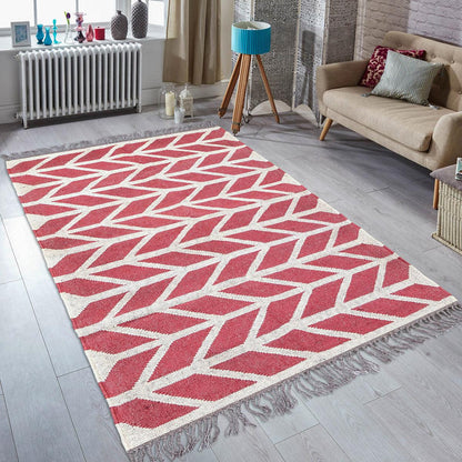 Red White Indian Hand Woven Geometric Dining Hall Beautiful Wool Jute Rug