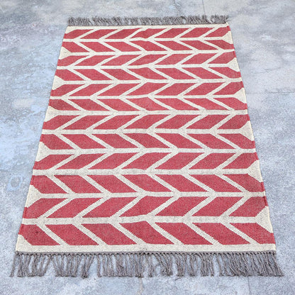 Red White Indian Hand Woven Geometric Dining Hall Beautiful Wool Jute Rug