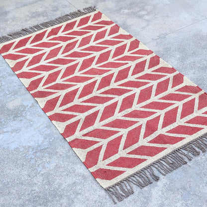 Red White Indian Hand Woven Geometric Dining Hall Beautiful Wool Jute Rug