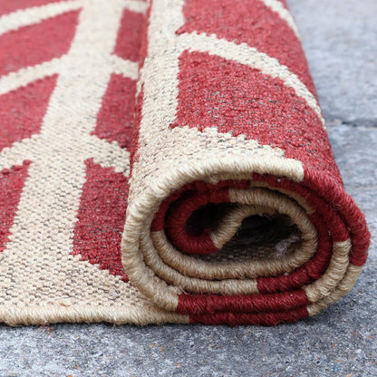 Red White Indian Hand Woven Geometric Dining Hall Beautiful Wool Jute Rug