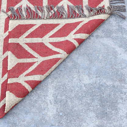 Red White Indian Hand Woven Geometric Dining Hall Beautiful Wool Jute Rug