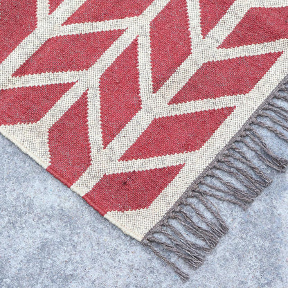 Red White Indian Hand Woven Geometric Dining Hall Beautiful Wool Jute Rug