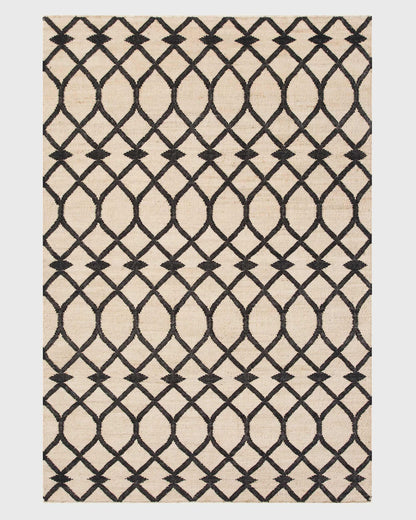 Beige Black Indian Hand Woven Geometric Dining Hall Beautiful Wool Jute Rug