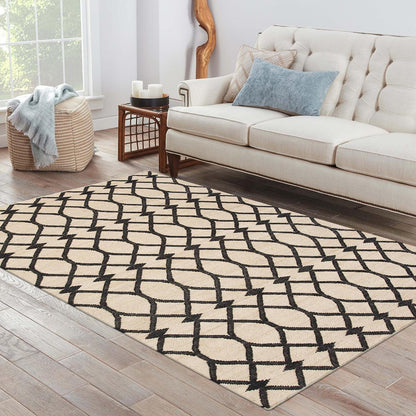 Beige Black Indian Hand Woven Geometric Dining Hall Beautiful Wool Jute Rug